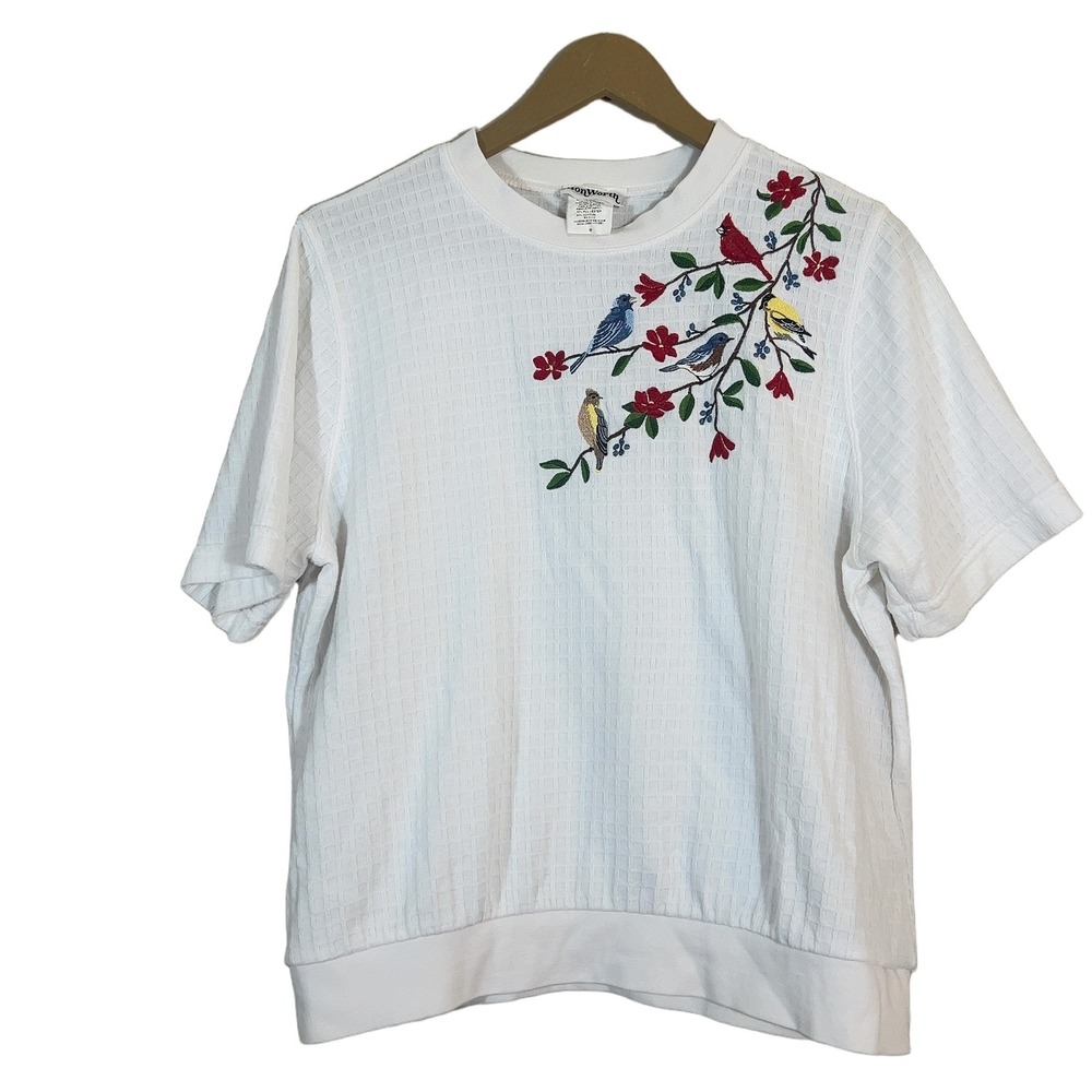 BonWorth Bird Floral Embroidered Textured Knit Top White Vintage Style Size M